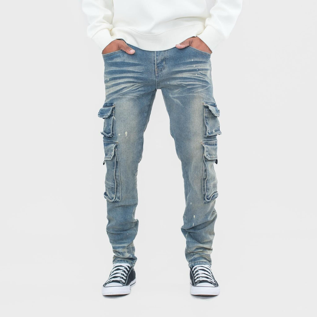 Men's Washed Multi Pocket Denim Cargo Jeans
